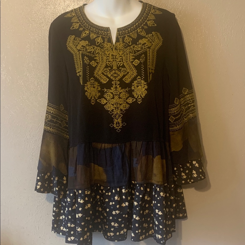 Calessa S Black Gold Navy Brown Embroidered Ruffled Multi-pattern Tunic - Picture 2 of 8